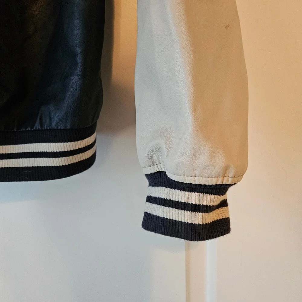 Aeropostale Bomber Varsity Letter Jacket Navy Faux Leather Mens Medium Hoodie‎